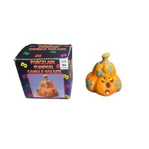 Vtg Porcelain Pumpkin Jack-o-Lantern Candle Holder‎ Halloween Screamers CVS 3.5"